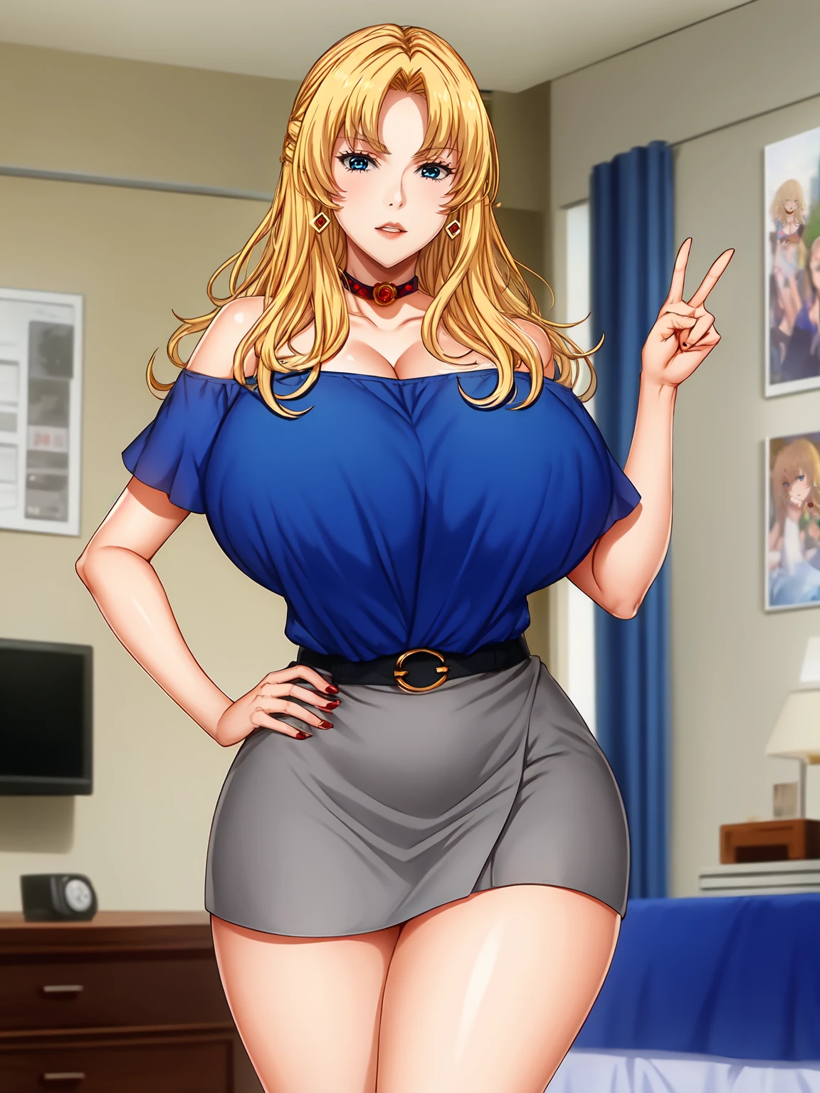 masterpiece,
haruna shinjou, girl is standing, hand on own hip, showing V sign,
looking at viewer, parted lips, head tilt,
blonde hair, long hair, blue eyes, lips, earrings, choker,
off-shoulder shirt, blue shirt, grey skirt, belt,
huge breasts, voluptuous, thighs,
indoors, bedroom,
<lora:haruna shinjou15:1>