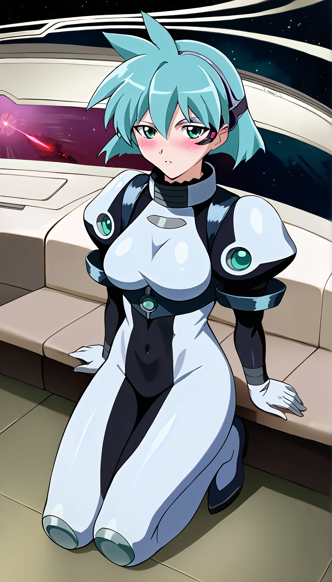 score_9_up, score_8_up, expressiveh.  full body, kneeling. sitting. half closed eyes. blush. source_anime, meia_gisborn,aqua hair, indoors. space. standing. turquoise eyes, eyepiece, 1girl, solo, breasts,  looking at viewer, short hair, bangs, white gloves, bodysuit.