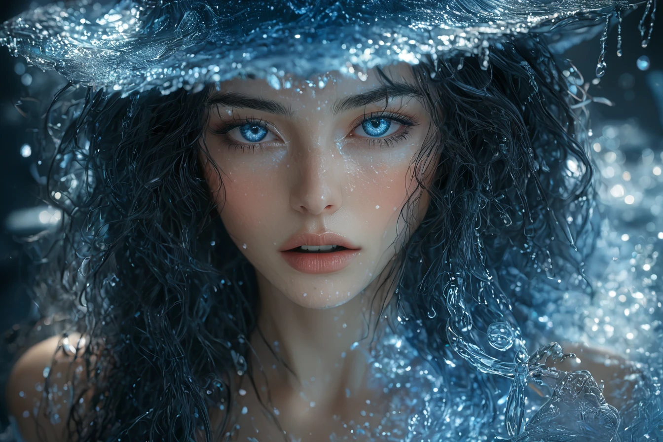 A beautiful woman with crystal blue glowing eyes and curly hair - SeaArt AI