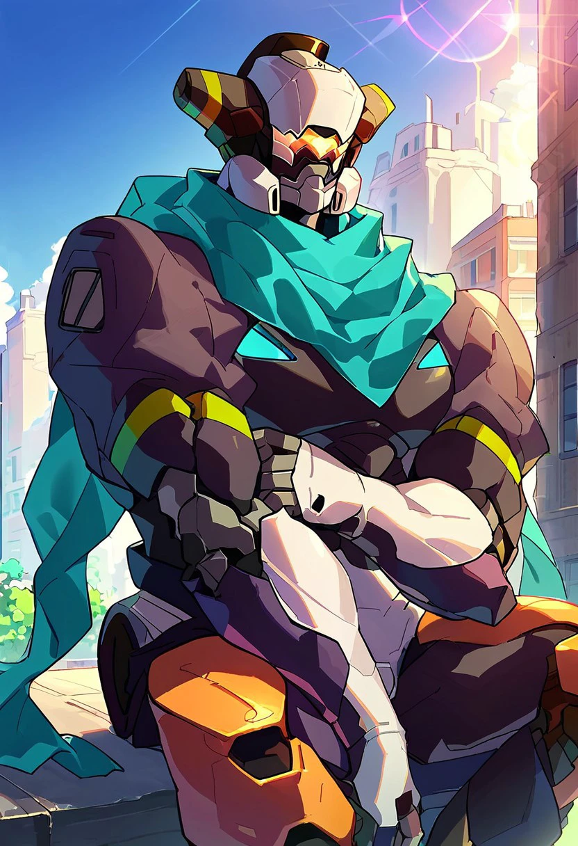 score_9, score_8_up, score_7_up,solo,male focus,mecha,robot,muscular,scarf,sitting,handsome,official art,official cg,in city,backlighting,looking at the side,lens flare,sunlight,ray tracing