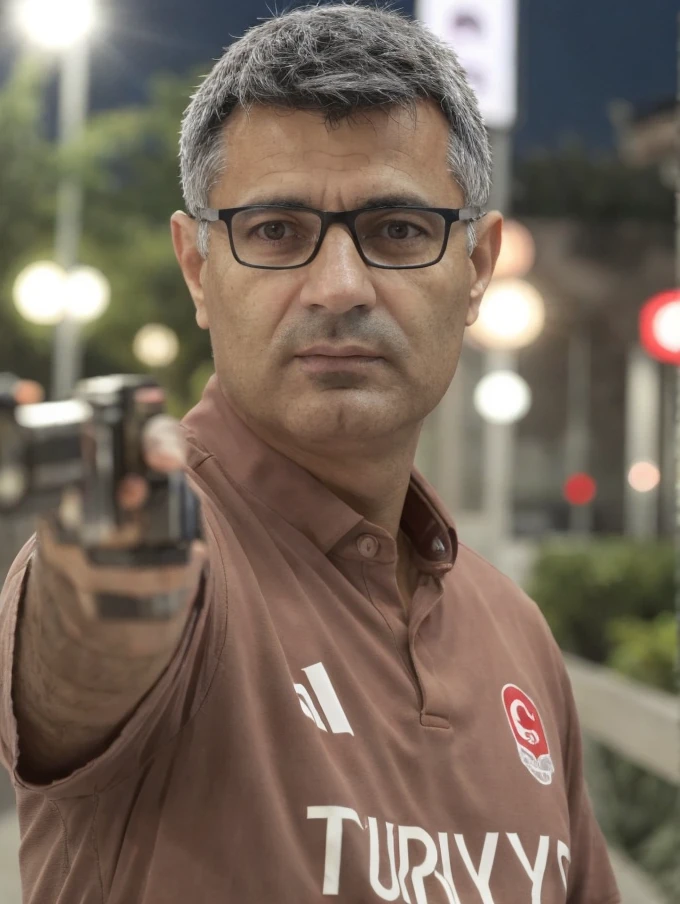 Portrait photo of turk15h5h00t3r man, (light bokeh), holding a gun