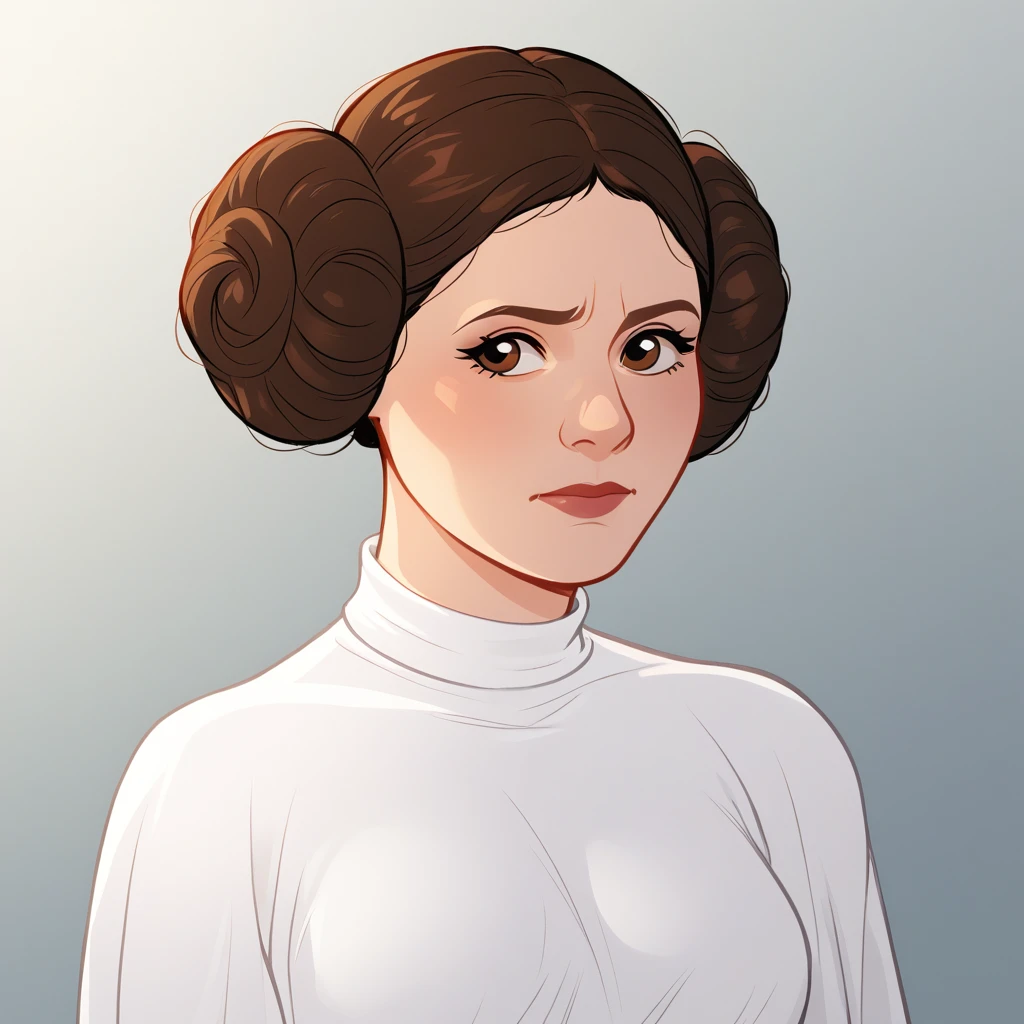 score_8_up, BREAK, princessleia, 1girl, solo, brown hair, hair buns, brown eyes, white dress, upper body,  gradient background,  <lora:PrincessLeia_PXL_Leaf1:1>