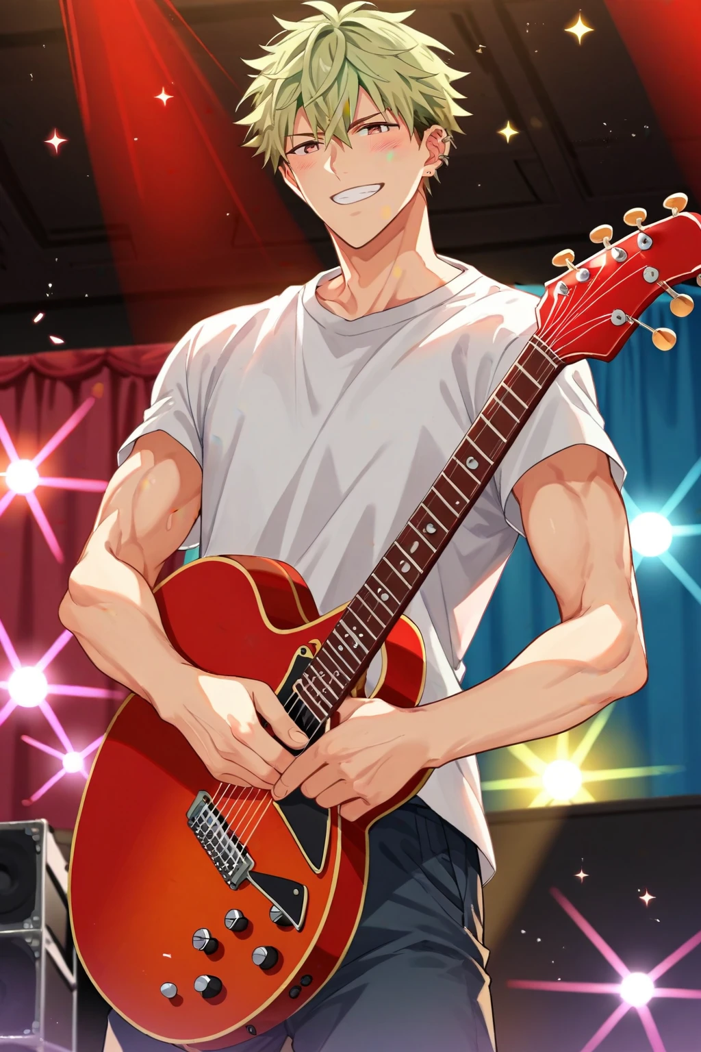 (score_9, score_8_up:1.1), score_7_up, high res image,masterpiece, source_anime, yoshida yuki, 1boy, solo, light green hair, blonde hair, ear piercing, toned body, holding guitar, singing, looking at viewer, smile, blush, stage, flashlights, from below, cowboy shot