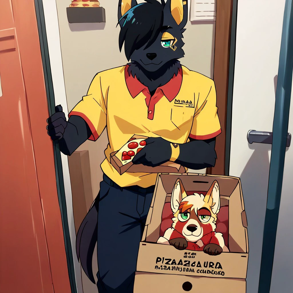 source_furry, score_9, score_8_up, score_7_up, source_anime, 
anime_screencap,score_9,source_anime,
Haul Hiliiua. 1boy, male, black fur, jackal, markings, gold markings, 
pizza box, employee uniform, pov, pizza delivery,
half-closed eyes