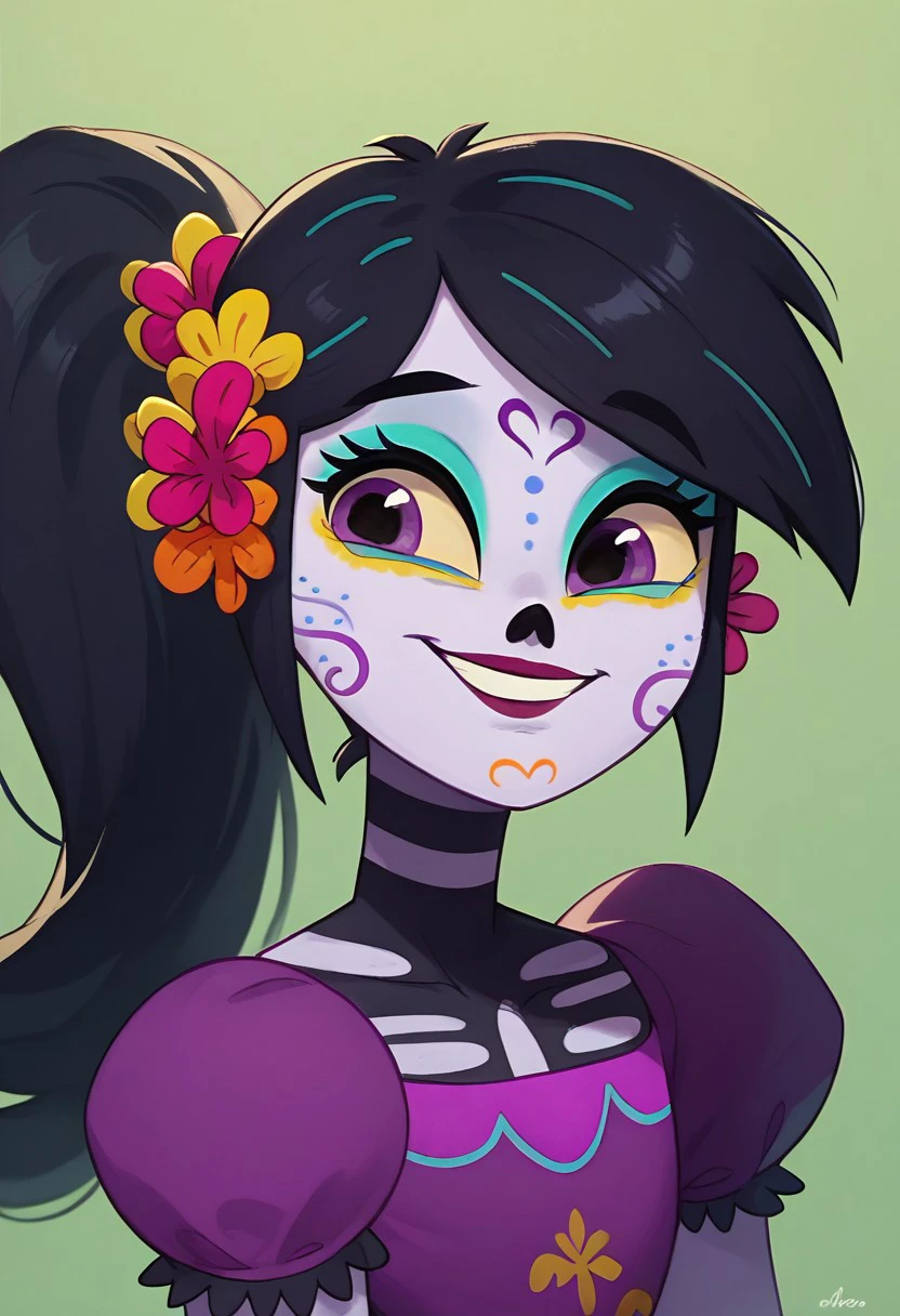 score_9, score_8_up, score_7_up, 1girl, Catalina la catrina, black hair, ponytail, hair flower, yellow sclera, purple skin, purple eyes, makeup, bodypaint, purple dress, puffy sleeves, [smile]