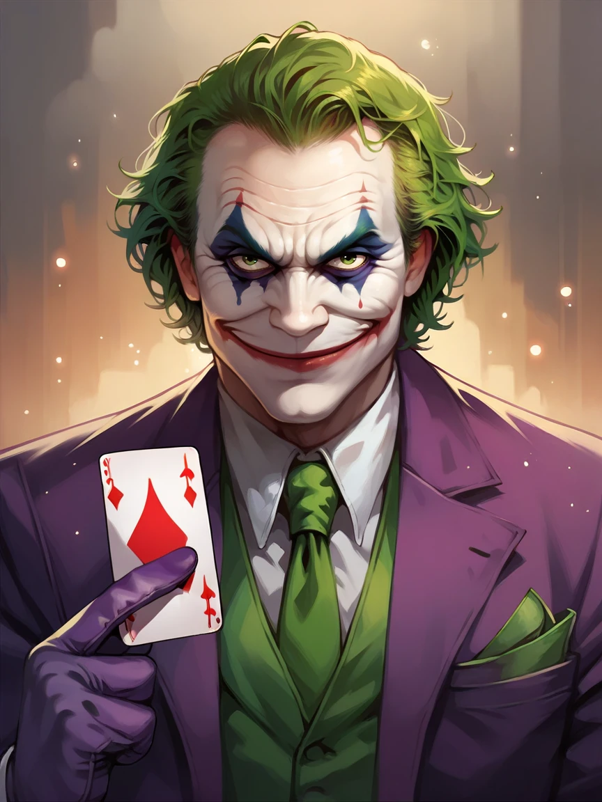 score_9, score_8_up, score_7_up, score_6_up, score_5_up,  <lora:thejokerXLP:0.8> the joker, 1boy, solo, green hair, suit, smile, formal, necktie, gloves, green eyes, clown, card,