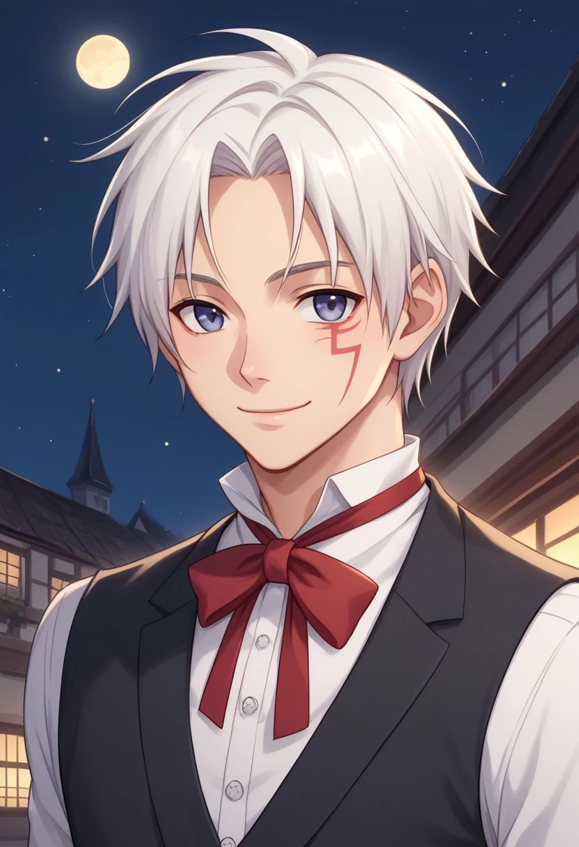 score_9, score_8_up, score_7_up, source_anime, highly detailed, 
allenwalker, 1boy, male focus, solo, white hair, formal, ribbon, upper body, jacket, slender, skinny
facial mark, vest, ribbon, neck ribbon, red ribbon, shirt, white shirt, smile, closed mouth,
outdoor, buildings, night, moon,