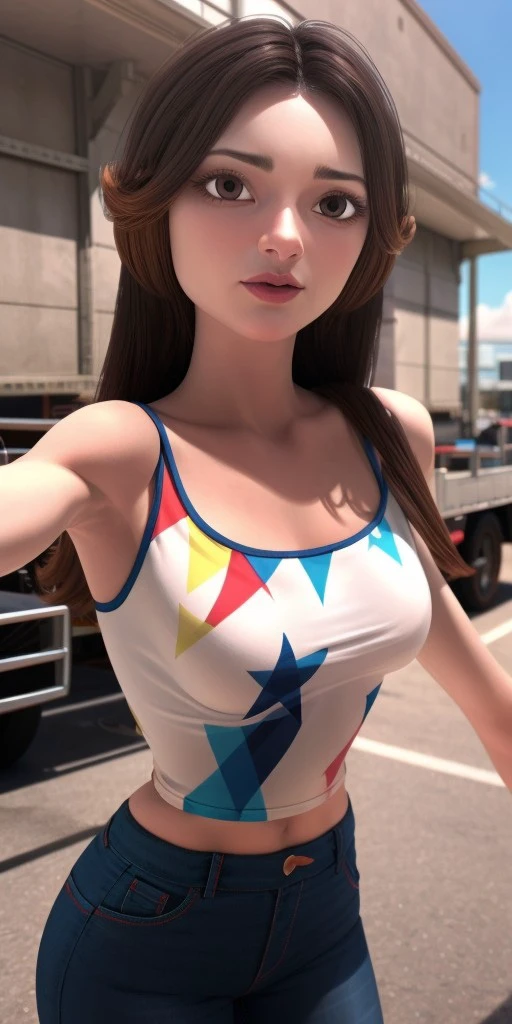 Hyperrealistic, photorealistic, super detailed, colored T-shirt, purple jeans, waist-length wavy brown hair that is split on both sides, brilliant amaranth lipstick, brown eyes, body like in real life, large pores, fair-skinned, beautiful arms, little breasts, unreal engine, octane render, droped shadow, bokeh, cinematic lighting, <lora:add_detail:0.5>, <lora:Volumetric_lighting:0.6>,, <lora:e4743ff2-7ed6-4728-b033-3bc83cb997a4:0.7>