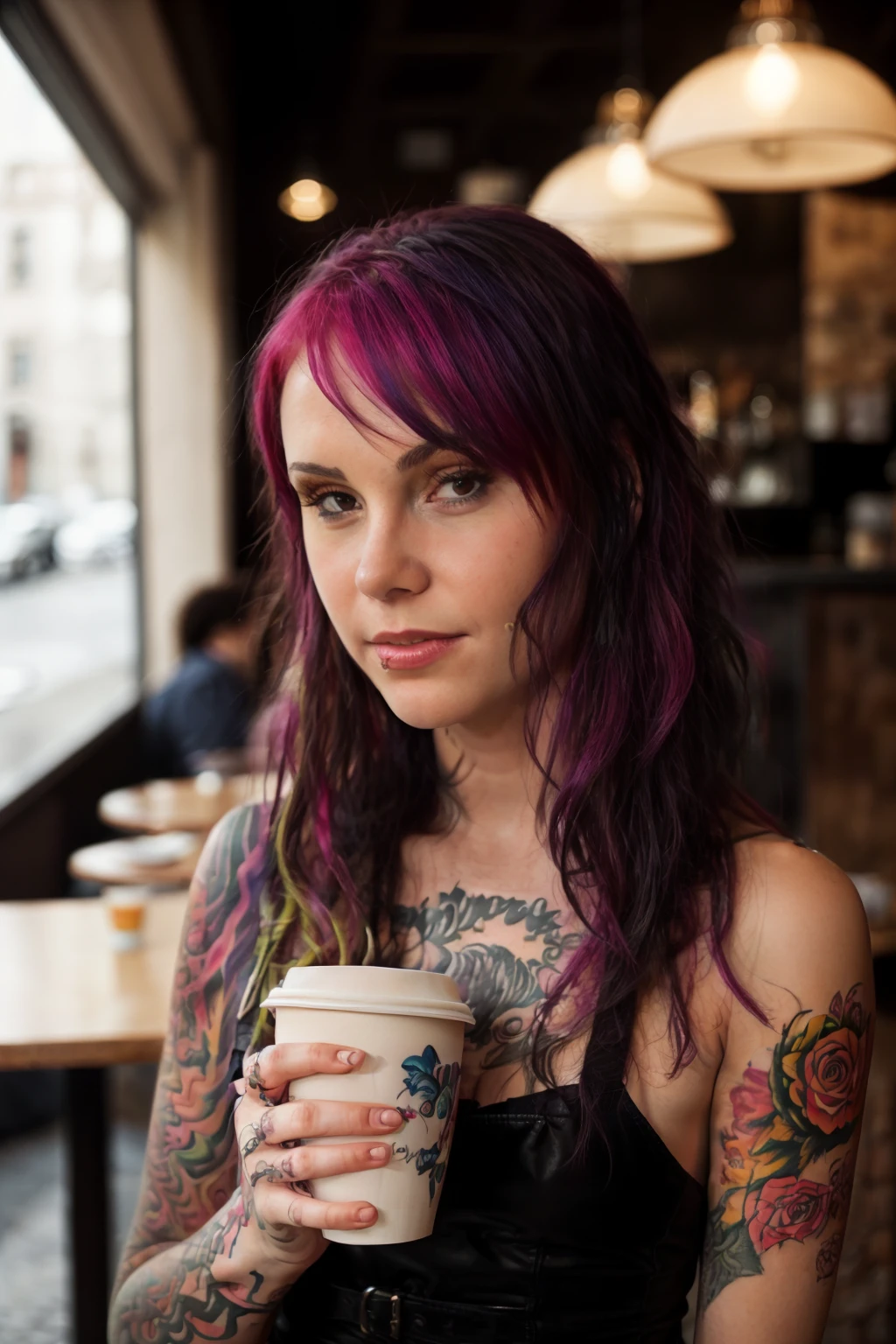 <lora:VandalVyxen:0.8>, full color portrait of a young woman, multicolored hair, tattoo, having coffee at a vintage cafe, natural light, RAW photo, subject, 8k uhd, dslr, soft lighting, high quality, film grain, Fujifilm XT3