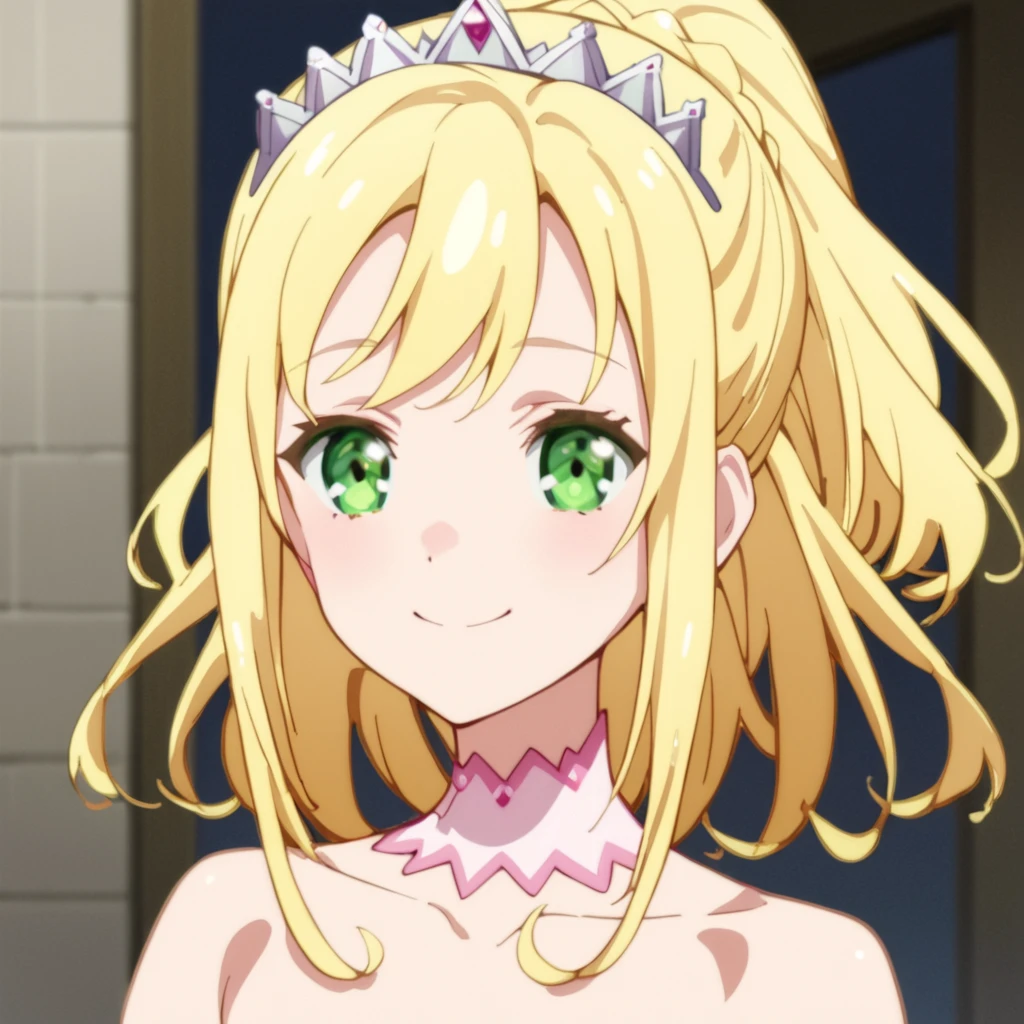 score_9, score_8_up, score_7_up, score_6_up, score_5_up, score_4_up, source_anime,  Liliana, long hair, blonde hair, ponytail, tiara, green eyes, , smile, portrait