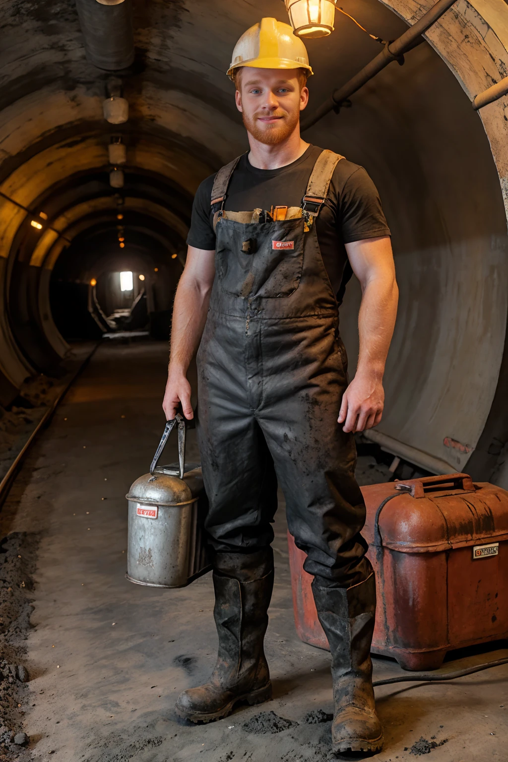 tunnel of a coal mine, standing, ginger hair, slight smile, CalhounSawyer is a coal miner, wearing coal stained coveralls, black work boots, hard hat with lamp, holding lunchbox, (((full body portrait))), wide angle,  <lora:CalhounSawyer:0.8>