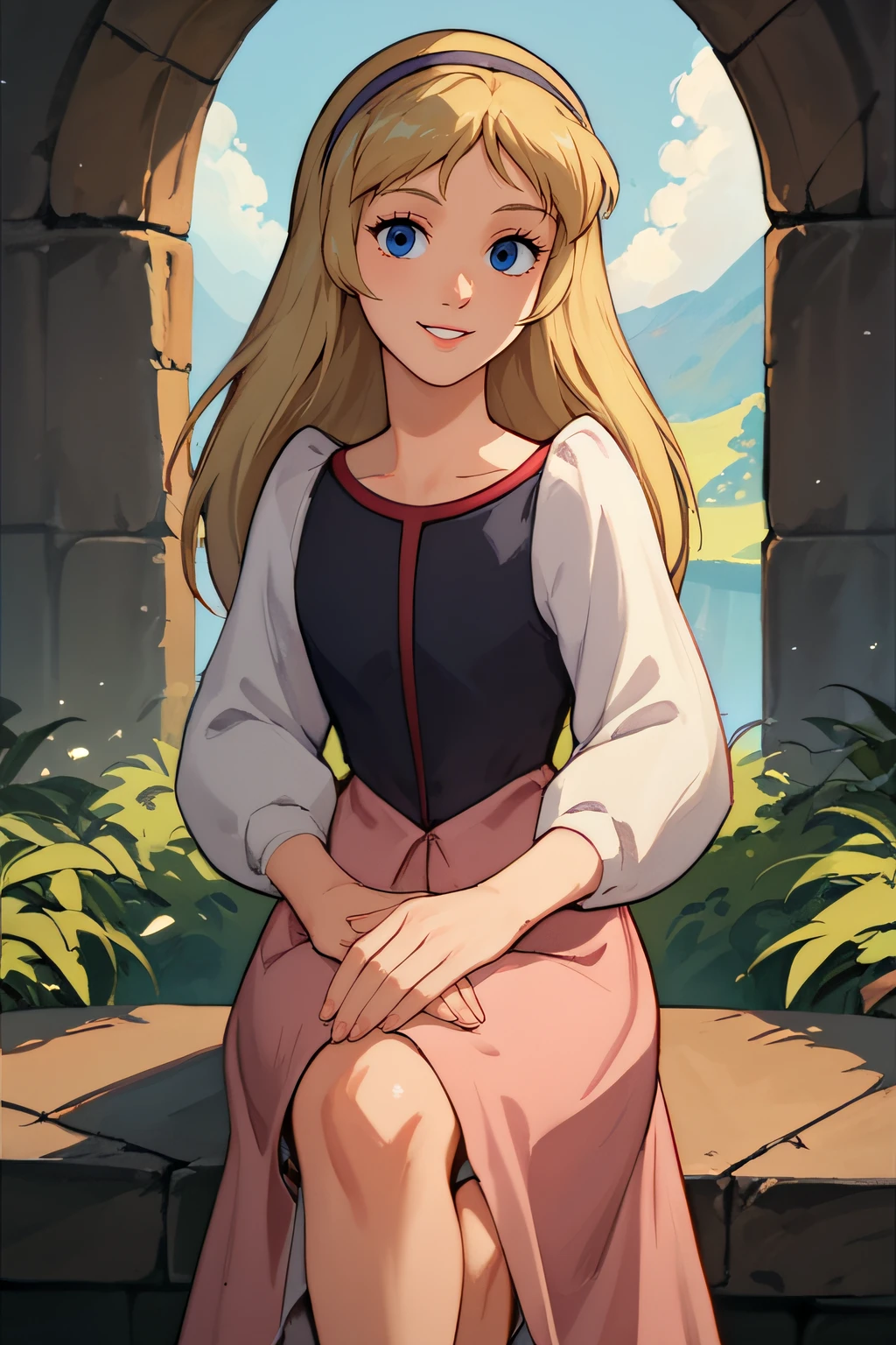 score_9, score_8_up, score_7_up, rating_safe, intricate details, 1girl, solo, retro artstyle, <lora:Princess_Eilonwy:1>, eilonwy, blue eyes, hairband, long sleeves, dress, pink skirt, looking at viewer, cowboy shot, smile, parted lips, crossed legs, five fingers