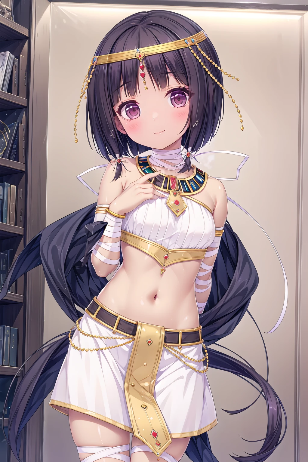 arisegawa_Egyptian_clothes_White_gold_clothes_Bandages_White_ribbon, arle, solo, dark_skin, dark-skinned_female, short_hair_with_long_locks, sidelocks, purple_hair, brown_eyes, looking_at_viewer, small_breasts, head_tilt, blush, closed_mouth, smile, egyptian, gold_circlet, hair_ribbon, bare_shoulders, necklace, white_gold_crop_top, gold_armlet, midriff, navel, purple_gold_belt, white_gold_miniskirt, hand_on_own_chest, arm_behind_back, standing, indoors, <lora:Arle_V1:0.8>