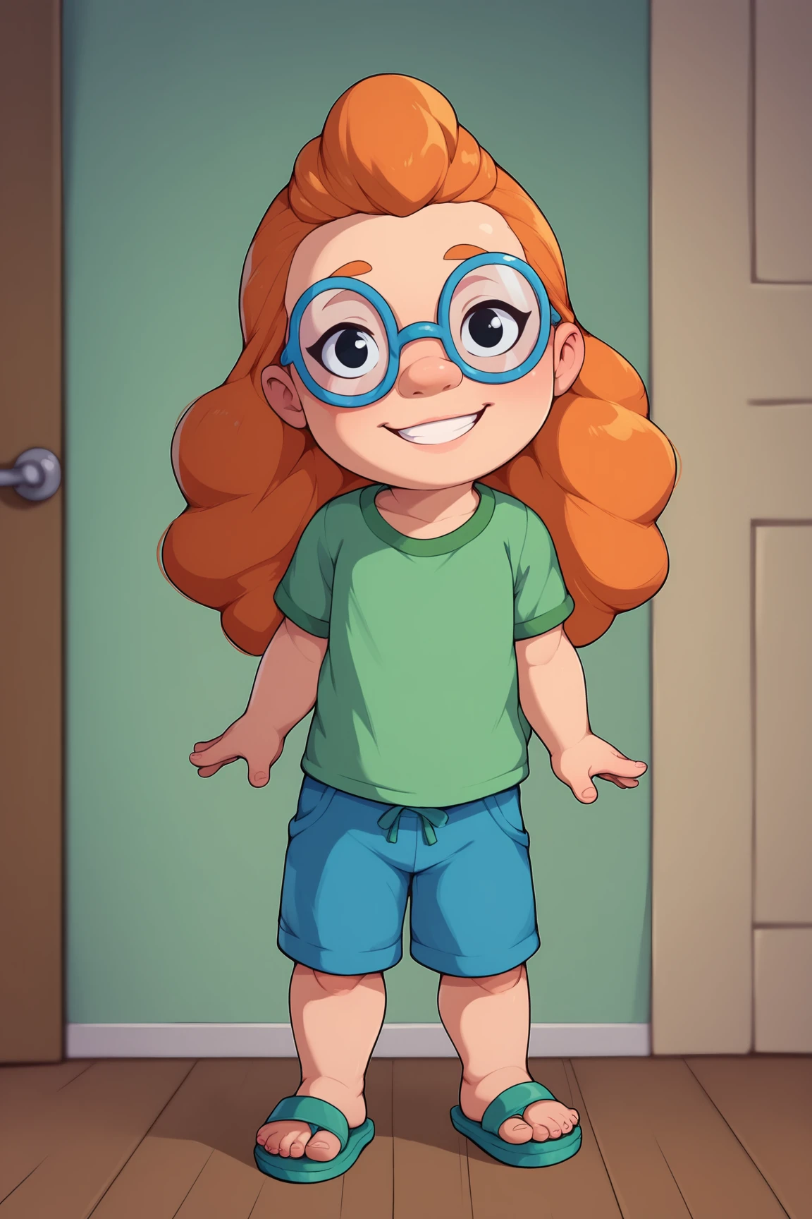 score_9, score_8_up, score_7_up, score_6_up, BREAK, MertleEdmondsLSXL, , black eyes, orange hair, long hair, blue glasses, flat chest, green shirt, short sleeves, blue shorts, green sandals, solo, standing, seductive smile, looking at viewer, indoors <lora:MertleEdmondsLSXL:0.8>