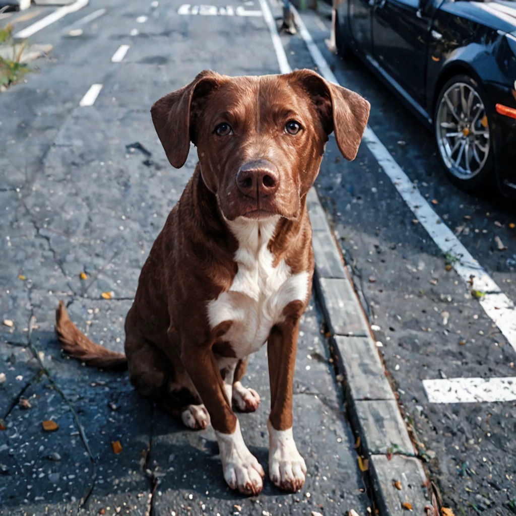 score_9, score_8_up, score_7_up, source_anime, dog, animal, C00p3rD0gg0, sitting, from front, looking at viewer, parking lot,