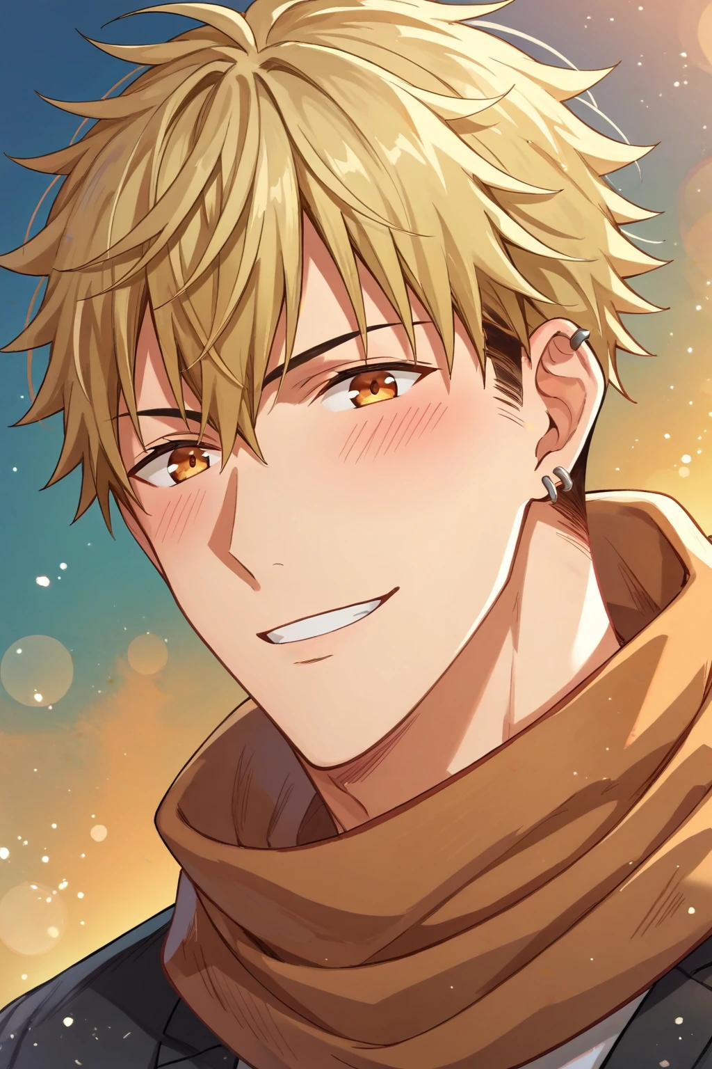 (score_9, score_8_up:1.1), score_7_up, high res image,masterpiece, source_anime, yoshida yuki, 1boy, solo, blonde hair, amber eyes, ear piercing, scarf, smile, blush, looking at viewer, close up portrait