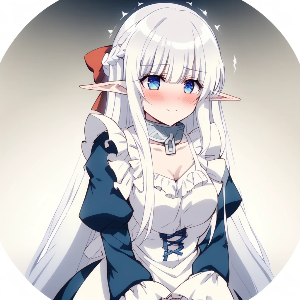 1girl, solo , nephelia, elf, blue eyes, pointy ears, white hair, very long hair, bangs, hair red bow, braid, medium breasts, chain, metal collar +++ , frilled, indigo blue maid dress, long sleeves, puffy sleeves, long ivory apron, long dress, lace trim, brown long lace-up boots +++ squinting eyes, smile, +++ nighttime, night, Gaslight, moon light, sight light, perfect darkness, perfect shadow, arm at side, head tilt ,hip focus, look up to, wide shot from above sitting, contrapposto, dynamic pose, cinematic lighting, Blushing, Fairy Kingdom, Incandescent Light, score_9, score_8_up, source_phote