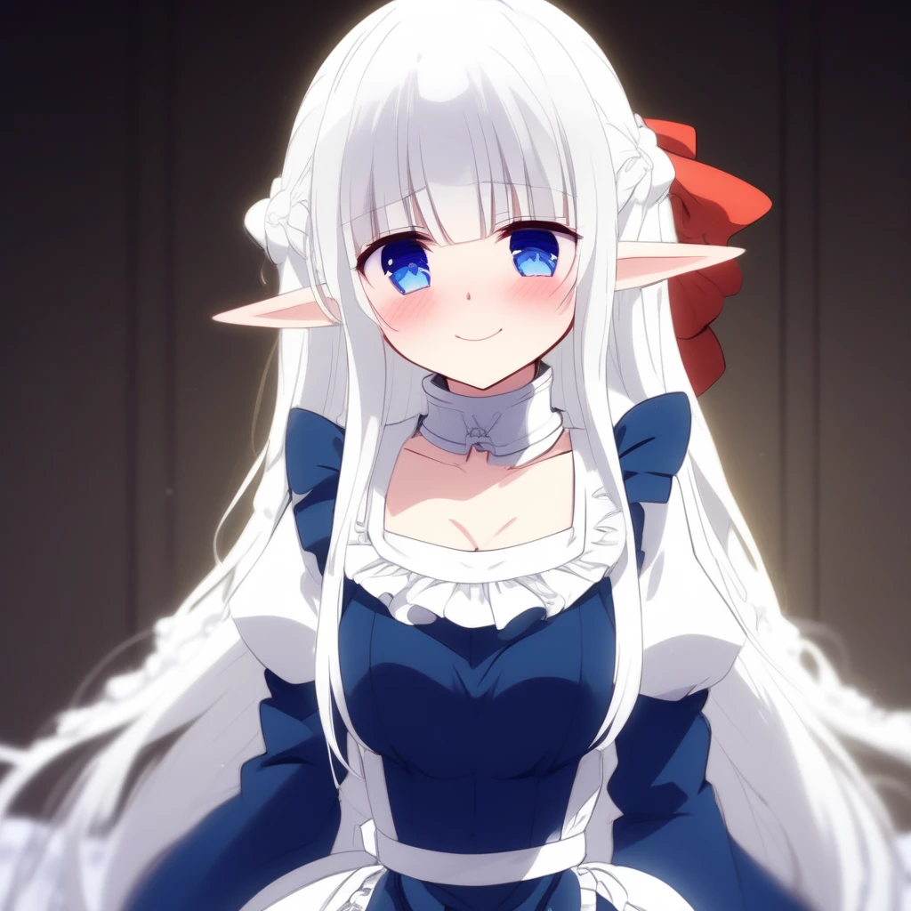 score_9, score_8_up, source_anime, 1girl, solo , nephelia, elf, blue eyes, pointy ears, white hair, very long hair, bangs, hair red bow, braid, medium breasts, chain, metal collar, frilled, indigo blue maid dress, long sleeves, puffy sleeves, long ivory apron, long dress, lace trim, brown long lace-up boots, smile :o, nighttime, night, Gaslight, moon light, sight light, perfect darkness, perfect shadow, head tilt, look up to, from above sitting, cinematic lighting, Blushing, Fairy Kingdom, Incandescent Light