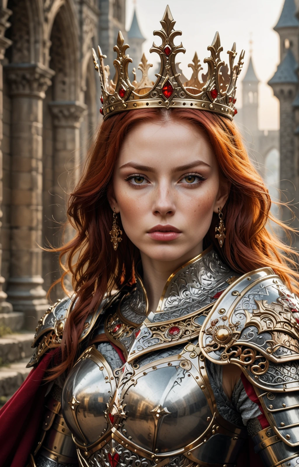 An epic and awe-inspiring portrait of a warrior queen, blending elements of medieval and fantasy aesthetics. She has striking red hair, adorned with a regal crown and a beautifully intricate mask that highlights her fierce determination. Her armor is resplendent and meticulously detailed, featuring ornate designs, gold accents, and symbols of valor and strength. A red cloak flows from her shoulders, enhancing her majestic presence. The background is a stunning, fantastical landscape with towering castles and a radiant sunset, casting a golden glow. The scene exudes an atmosphere of heroism and grandeur. The lighting emphasizes the rich textures and fine details of her armor and face, captured with a high-quality DSLR camera using an 85mm f/1.4 lens for exceptional sharpness and depth of field