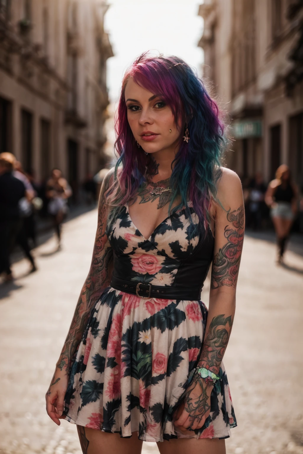 <lora:VandalVyxen:0.8>, full color portrait of a young woman, multicolored hair, tattoo, wearing a dress, in a crowded street, natural light, RAW photo, subject, 8k uhd, dslr, soft lighting, high quality, film grain, Fujifilm XT3