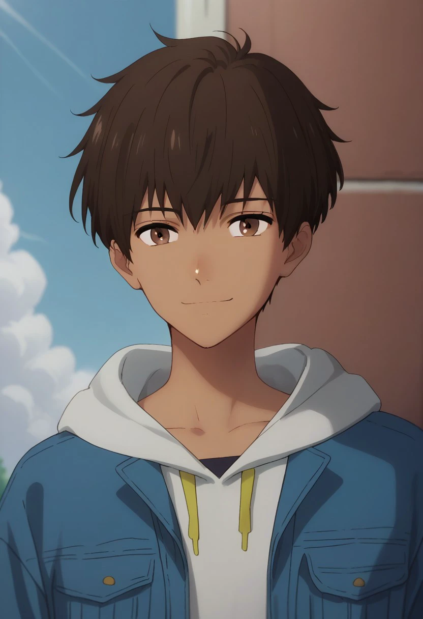 score_9, score_8_up, score_7_up, source_anime, highly detailed, 
rionmizumori, 1boy, male focus, dark-skinned male, brown eyes, dark skin, solo, brown hair,
smile, upper body, looking at viewer, hoodie, white hoodie, hood, jacket, open jacket,
outdoor, sky,