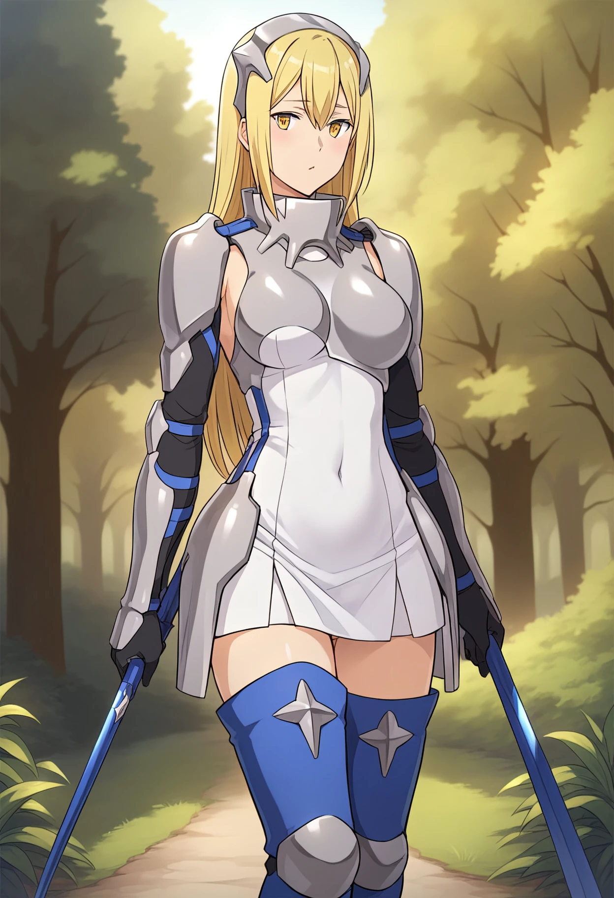 ais <lora:ais32_pony-000005:0.8> blonde hair, yellow eyes, armor, thighhighs, boots, dress, blue thigh boots, covered navel, asymmetrical breastplate, shoulder armor, gloves, white dress, panty, (realistic:0.5), score_9, score_8_up, score_7_up, BREAK source_anime, best quality, rating_explicit, masterpiece, uncensored, by anmi, standing, outdoor