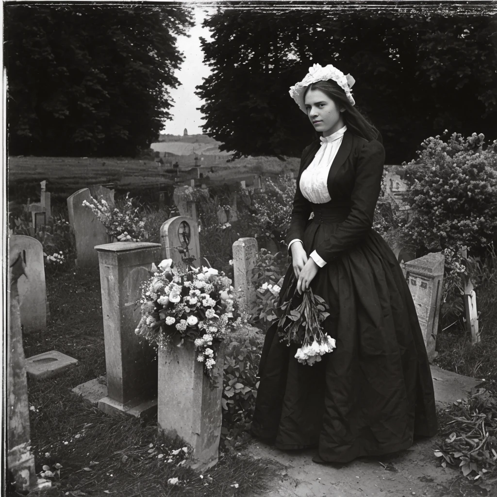 England, 1860, churchyard, young woman, bringing flowers, headstones<lora:VintageBW:1>, highest quality