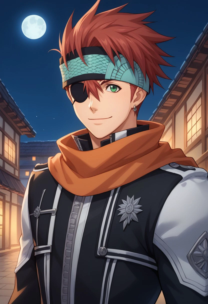 score_9, score_8_up, score_7_up, source_anime, highly detailed, 
lavidgray, solo, gloves, eyepatch, 1boy, fingerless gloves, male focus, jacket, red hair, headband, upper body,
leather, scarf, earrings, jewelry, green eyes, pants, belt, exorcist uniform,
ouytdoor, buildings, night, moon, smile, closed mouth