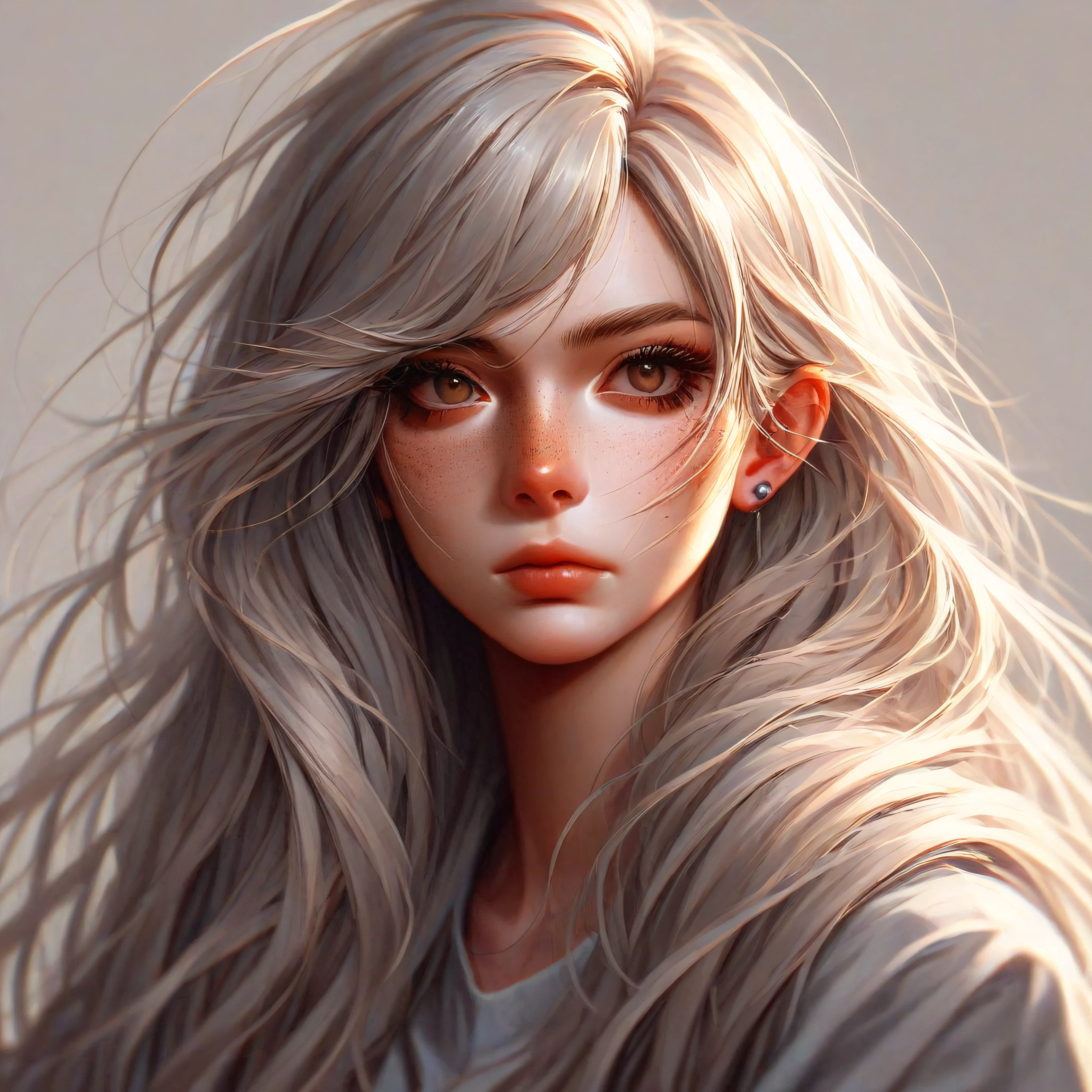 score_9, score_8_up, score_7_up, FFROA, 1woman, portrait, a woman with a round face, freckles, brown eyes, silver brown hair, long loose curls, very long hair, anime