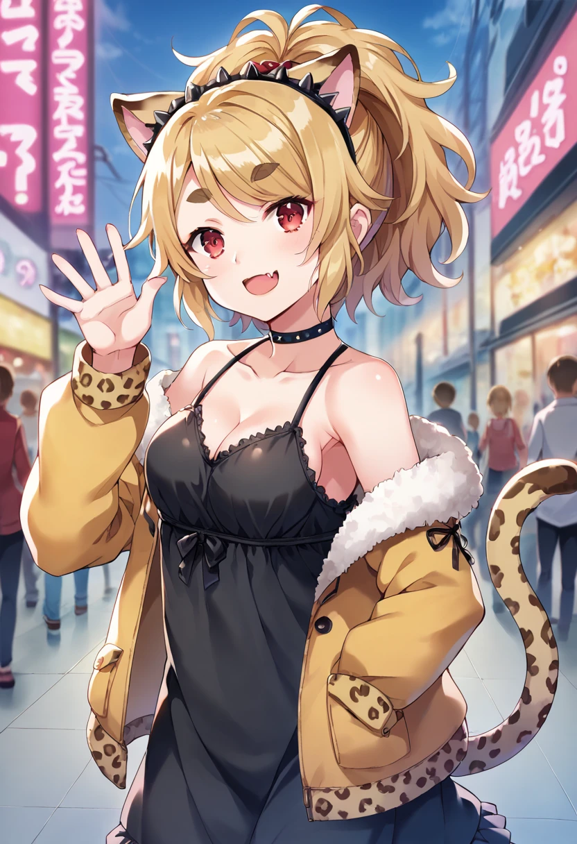 score_9,score_8_up,score_7_up,source_anime,masterpiece,best quality,game cg,1girl,solo,little_girl,citti_(show_by_rock!!),red eyes,thick eyebrows,blonde hair,ponytail,fang,animal ears,leopard ears,tail,spiked hairband,sleeveless dress,choker,collarbone,cleavage,<lora:cittiSB69>,thighs,cloud,smile,(looking_at_viewer),head_tilt,city,street,waving,standing,jacket,