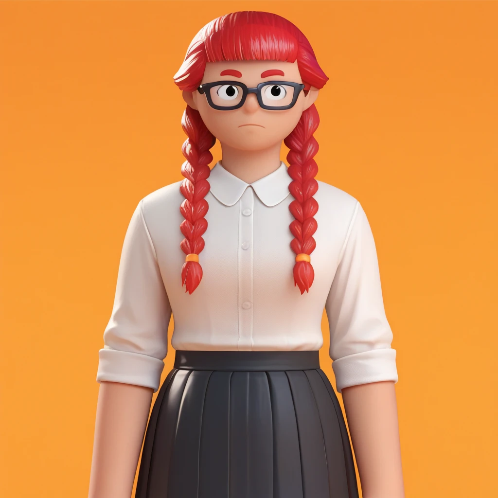 score_8_up, BREAK, bwbstyle, 1girl, solo, red hair, twin braids, black eyes, black-framed eyewear, white  shirt, black skirt, cowboy shot, orange background,  <lora:Bankwest_BuckStyle_PXL_Leaf1:1>,