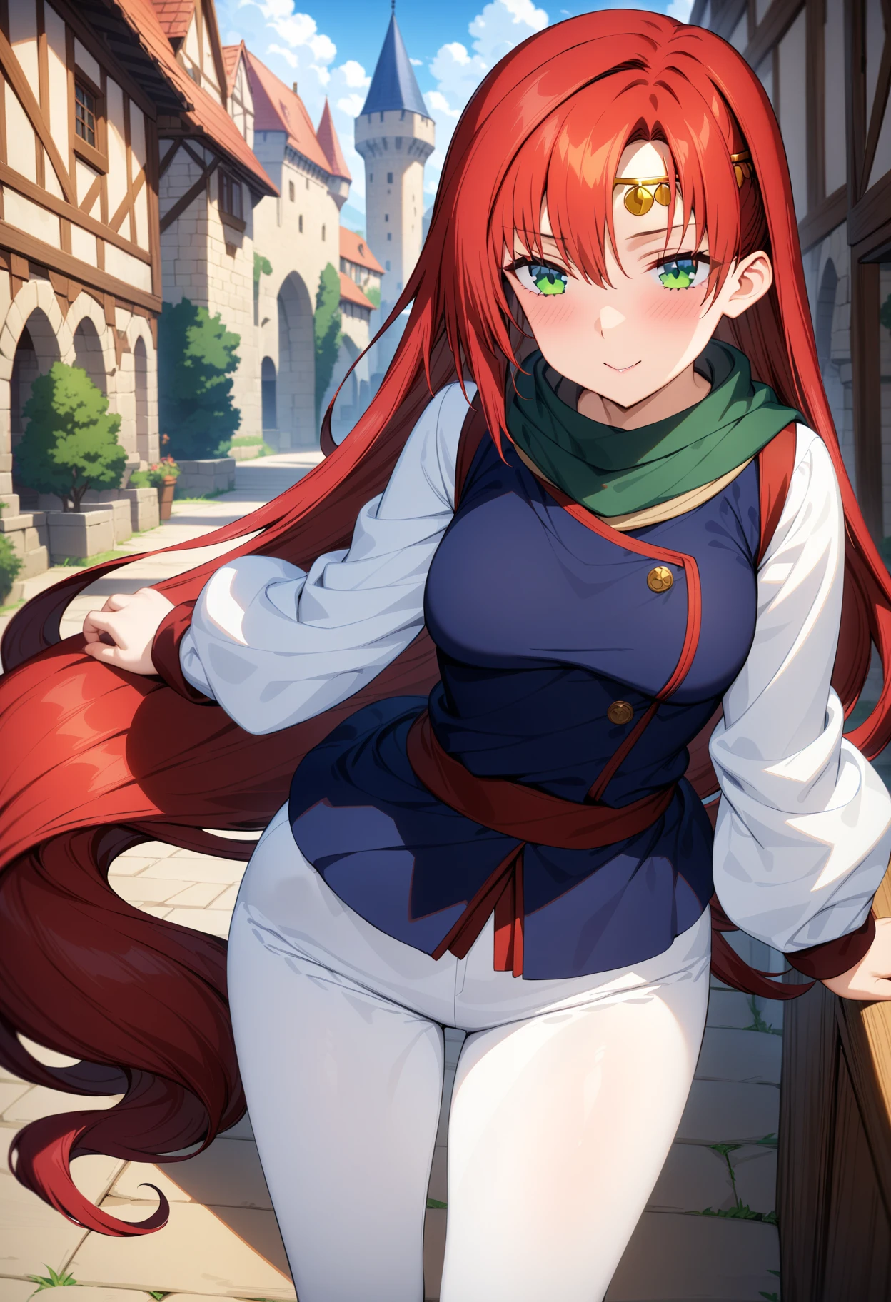 (masterpiece:1.2),best quality,very aesthetic,absurdres,1girl,<lora:elenoa_ran_v3_1:1>,elenoa_ran,circlet,02clothes,white pants,red hair,very long hair,green eyes,long_sleeves,white sleeves,navy blue scarf,blue clothes,red shoes,<lora:Fixhands_anime_bdsqlsz_V1:1>,medieval cityscape,looking_at_viewer,front view,kind_smile,blush,fantasy,castle,city,standing,contrapposto,, masterpiece,best quality, very aesthetic, absurdres, ultra detailed, high resolution, 4k, extremely detailed CG,