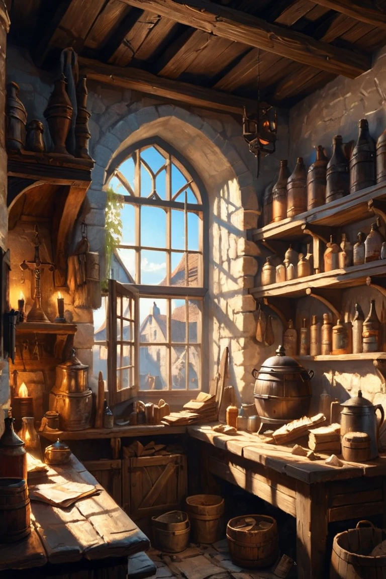 CXL-Home, medieval town tavern interior bright morning light shining through window
(illustration:1.2) (best quality:1.2) (detailed) (intricate) (cinematic lighting)