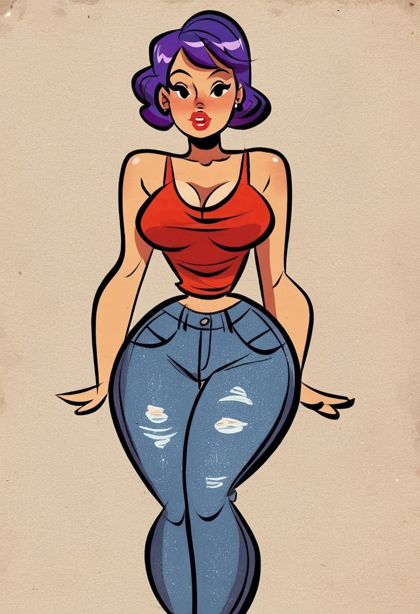 score_9, score_8_up, score_7_up, score_6_up, <lora:Vintage_Pal_PDXL:0.8> vintagepalxl, ink and paper, pin-up, vintage, 1girl, wide hips, in the park, jeans tank top, purple hair, short hair, red lips, parted lips,