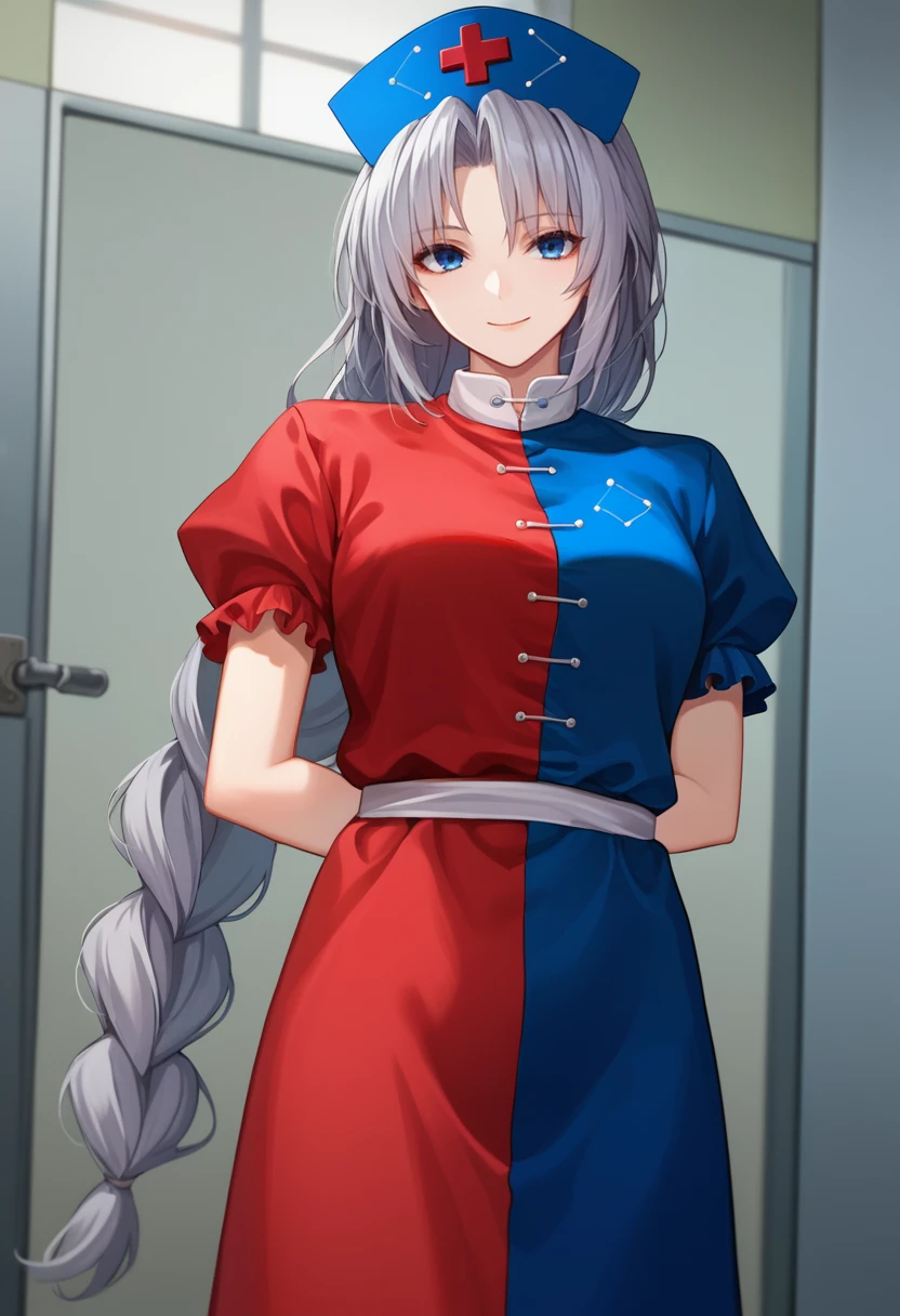 score_9, score_8_up, score_7_up, source_anime, cowboy shot, solo, 1girl, yagokoro eirin, smile, looking at viewer, standing, arms behind back, grey hair, single braid, nurse cap, red cross, multicolored dress, red dress, blue dress, constellation print, puffy short sleeves, indoors, hospital <lora:touhou_yagokoro_ponyXL:1>