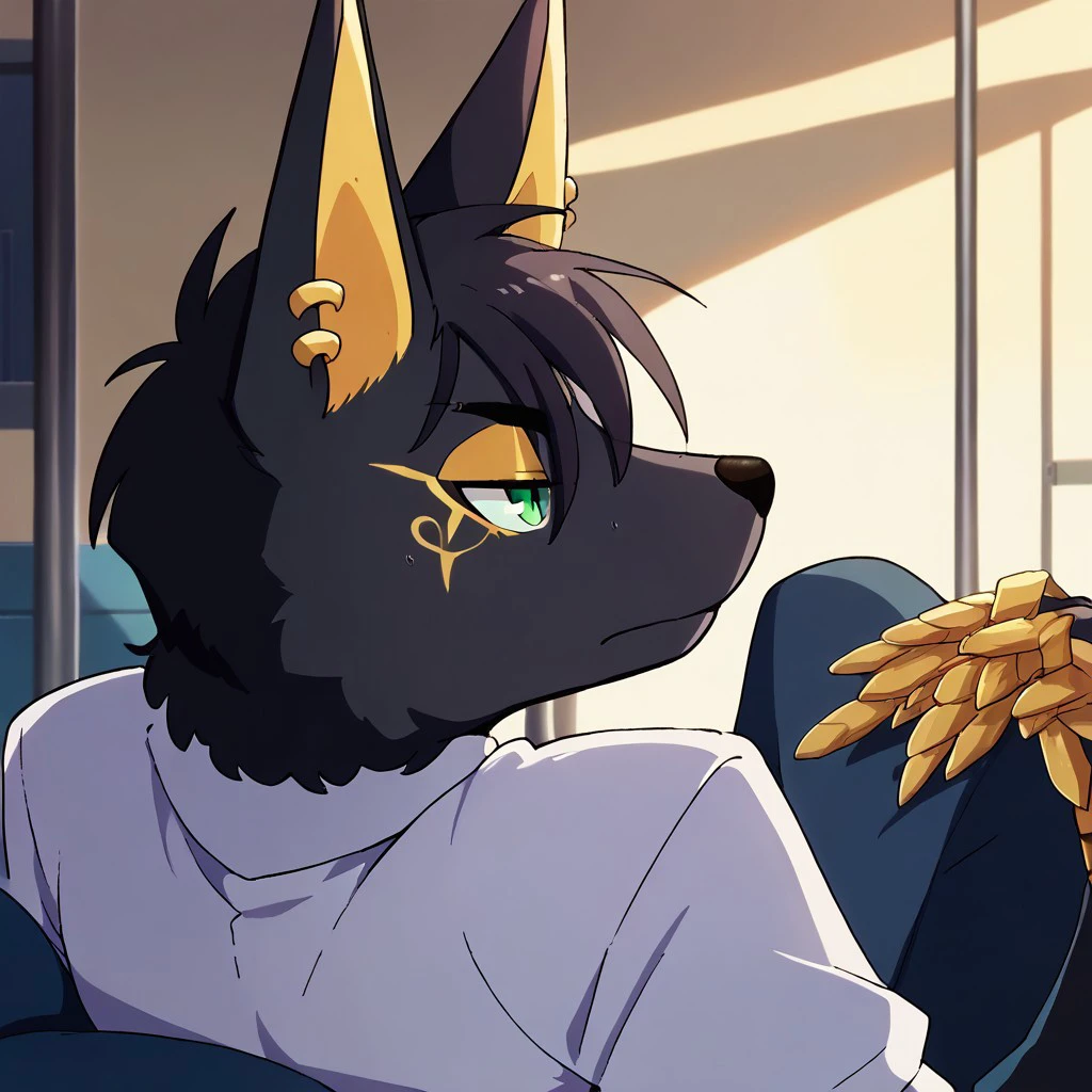 source_furry, score_9, score_8_up, score_7_up, source_anime, 
anime_screencap,score_9,source_anime,
Haul Hiliiua. 1boy, male, black fur, jackal, markings, gold markings, 
half-closed eyes