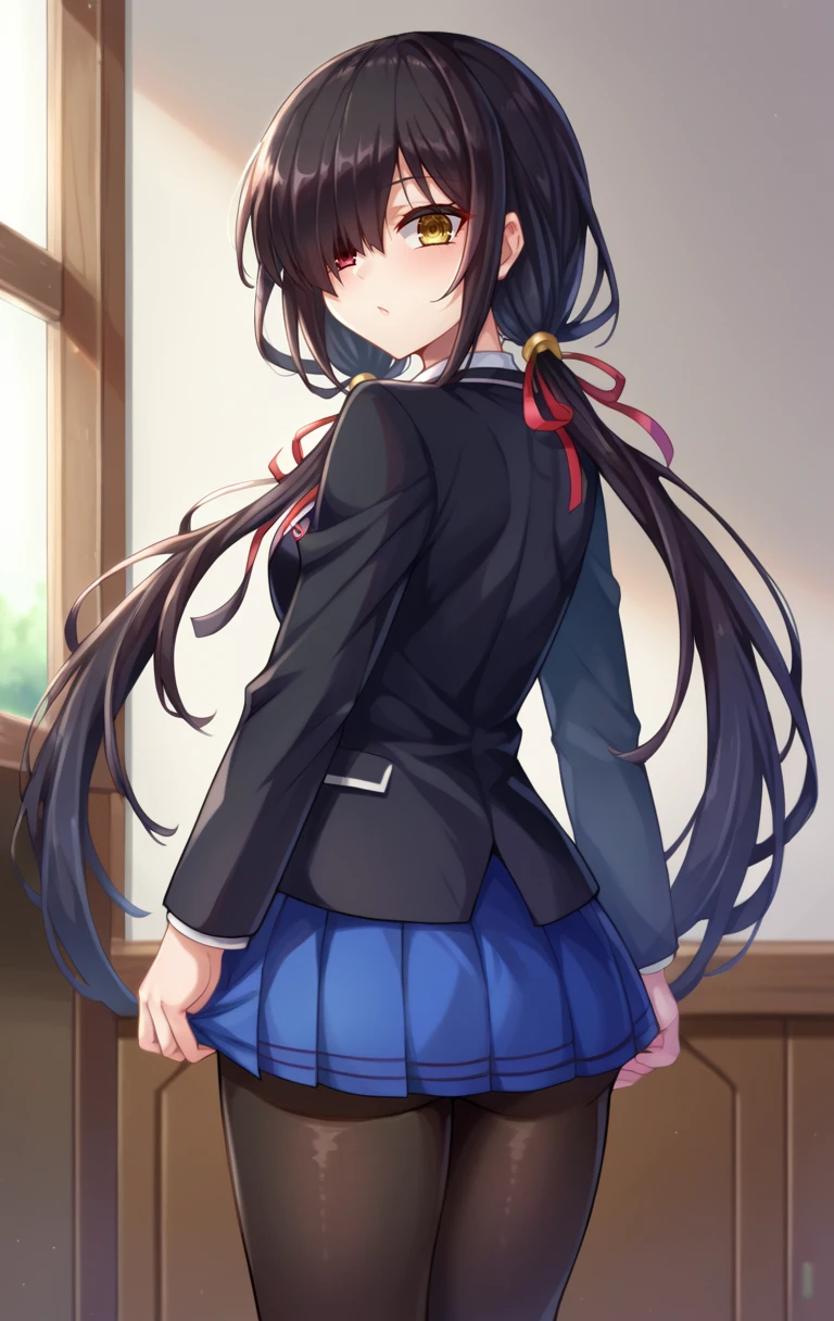 score_9,score_8_up,score_7_up BREAK <lora:tokisakikurumi:0.9>,tokisakikurumiSDXL,1girl,long hair,skirt,black hair,red eyes,yellow eyes,long sleeves,ribbon,twintails,school uniform,jacket,pantyhose,pleated skirt,heterochromia,hair over one eye,red ribbon,blue skirt,black jacket,black pantyhose,neck ribbon,blazer,tokisaki kurumi,cowboy shot,room,room background,from behind,looking back,ass focus,