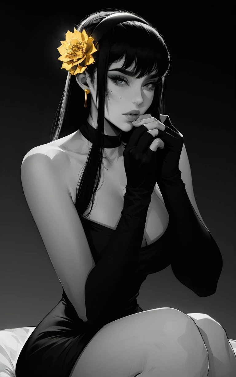 ((masterpiece, best quality)), insaneres, absurdres, solo, looking at viewer, 
ARTSTYLE_NoirAestheticAnime_BW_ownwaifu, 
1girl, solo, breasts, looking at viewer, bangs, hair ornament, gloves, dress, cleavage, bare shoulders, jewelry, monochrome, flower, greyscale, sidelocks, hairband, earrings, sleeveless, hair flower, fingerless gloves, blood, spot color, blood on face, gold hairband, wiping face, yor briar
<lora:ARTSTYLE_NoirAestheticAnime_BW_ownwaifu_FULL:0.8> 
 depth of field, light particles,