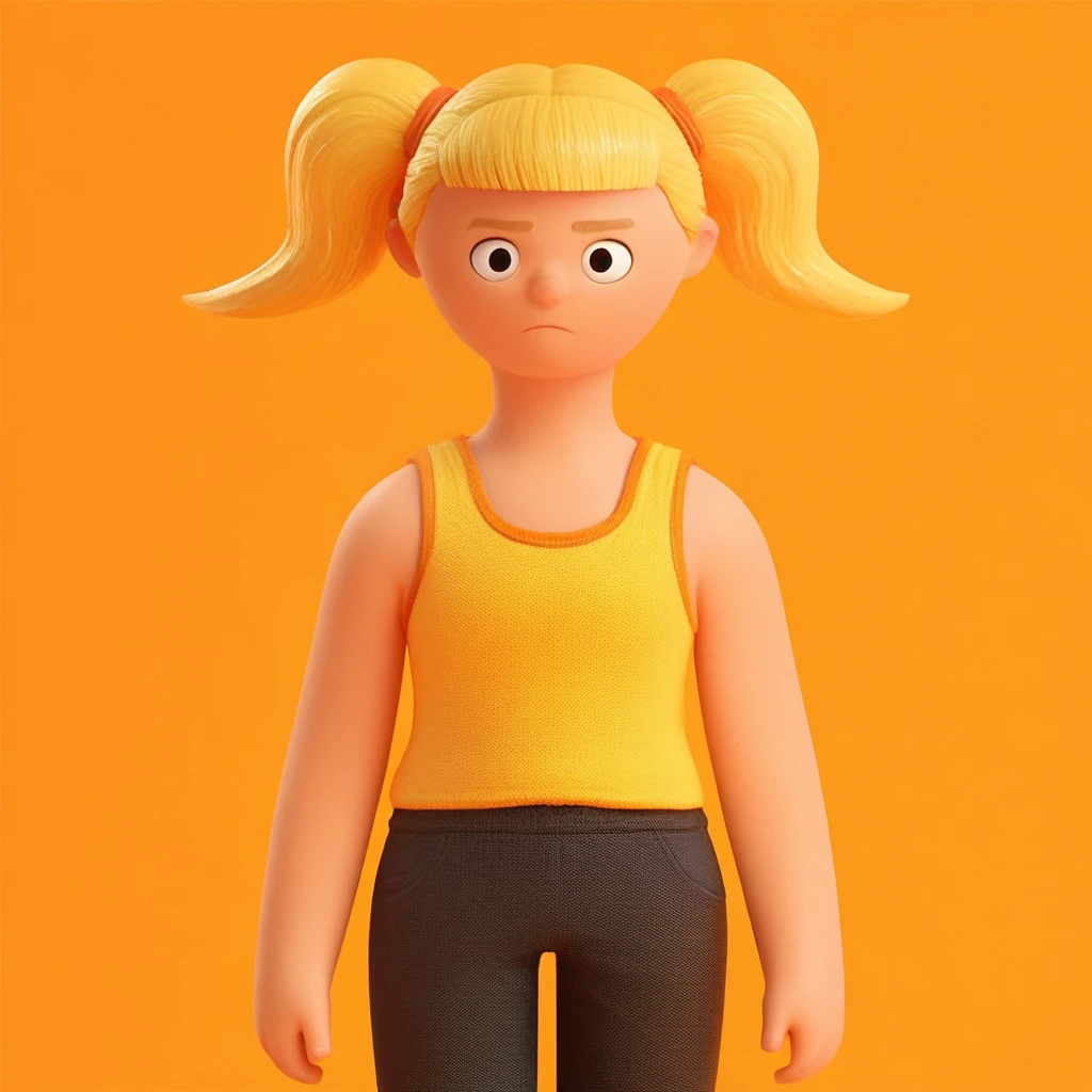 score_7_up, BREAK, bwbstyle, 1girl, solo, blonde hair, twintails, black eyes, yellow tank top, black pants, cowboy shot, orange background,