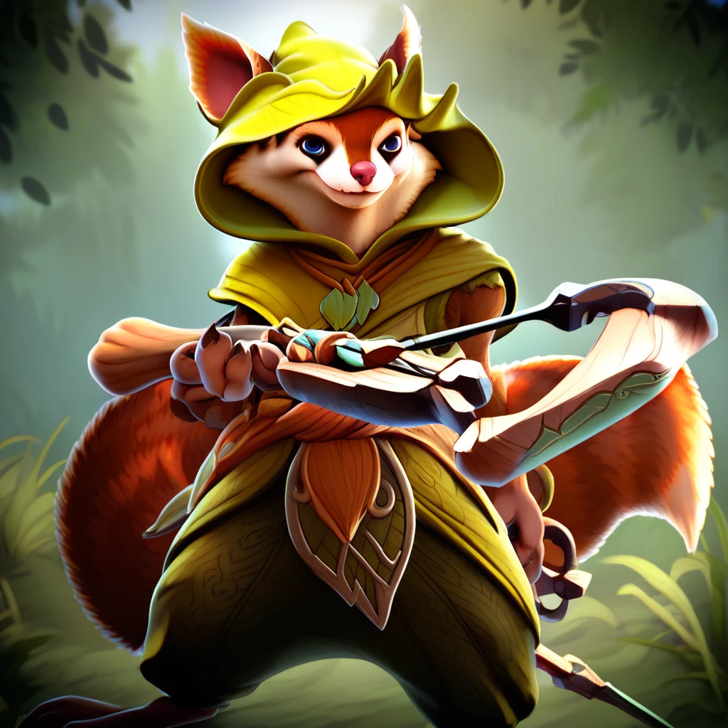 hoodwink, hoodwink \(dota 2\), solo, smile, blue eyes, 1boy, hat, weapon, male focus, holding weapon, gun, furry