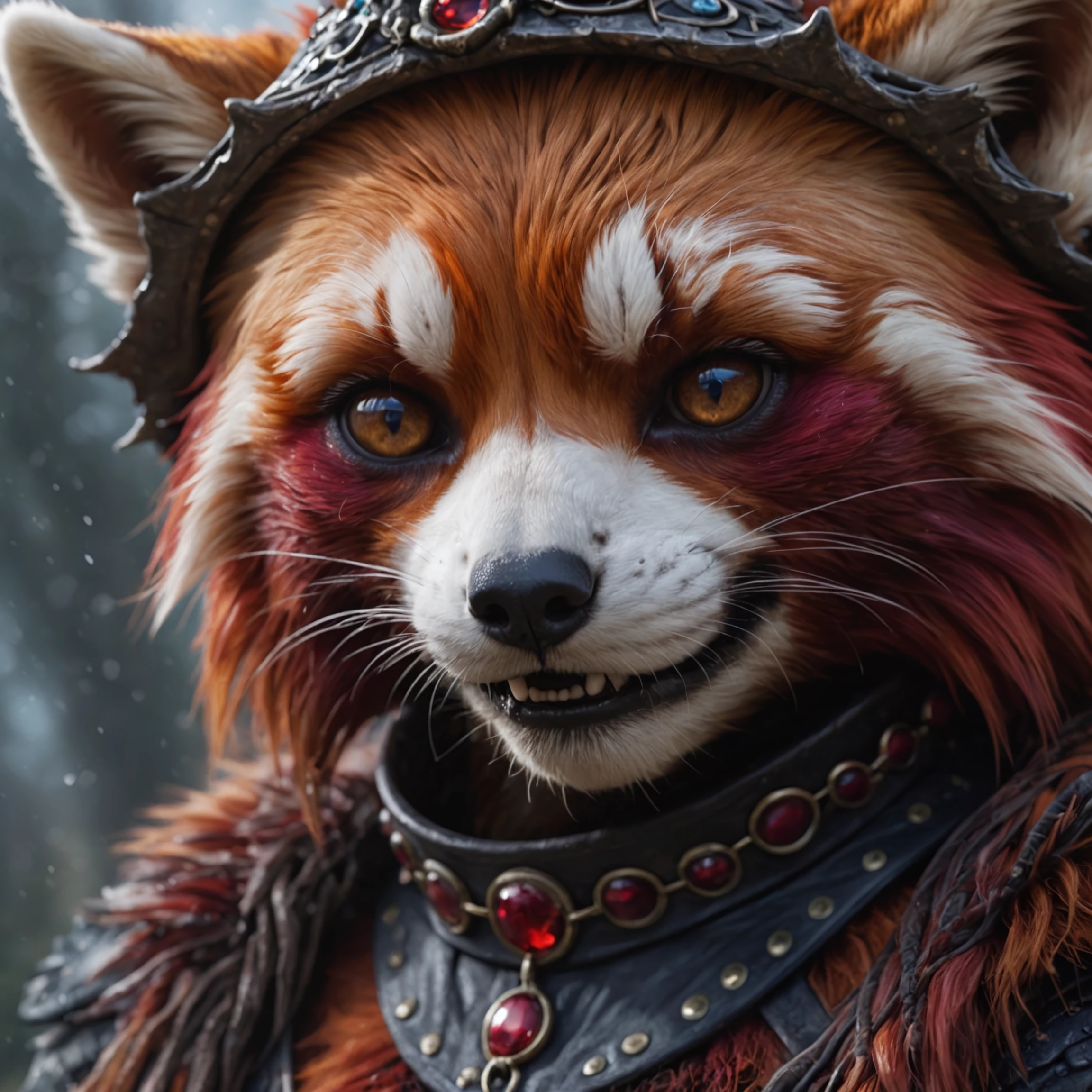 Epic closeup photo insane details of an red panda in a nordic outfit dark fantasy style
