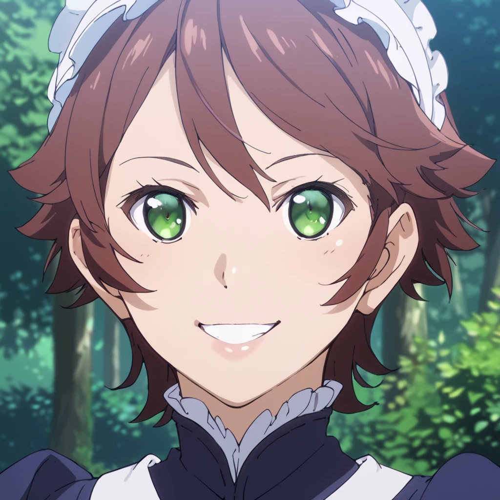 score_9, score_8_up, score_7_up, score_6_up, score_5_up, score_4_up, source_anime,  Rita, brown hair, green eyes, maid, , smile, portrait