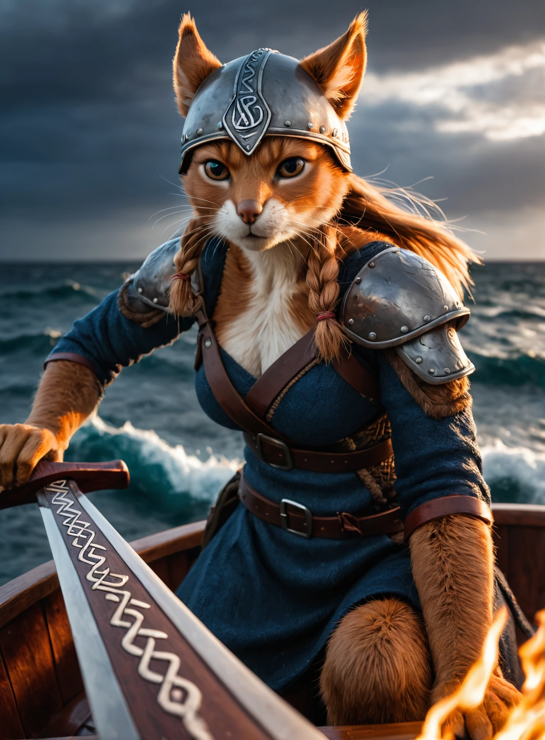 Closeup photo of an anthro viking, squirrel female on his boat , epic pose, natural light, stormy sea, wearing a viking helmet and and viking outfit, runes , angry , burning viking ship in the background, holding a viking sword with glowing runes, high quality photography, 3 point lighting, flash with softbox, 4k, Canon EOS R3, hdr, smooth, sharp focus, high resolution, award winning photo, 80mm, f2.8, bokeh