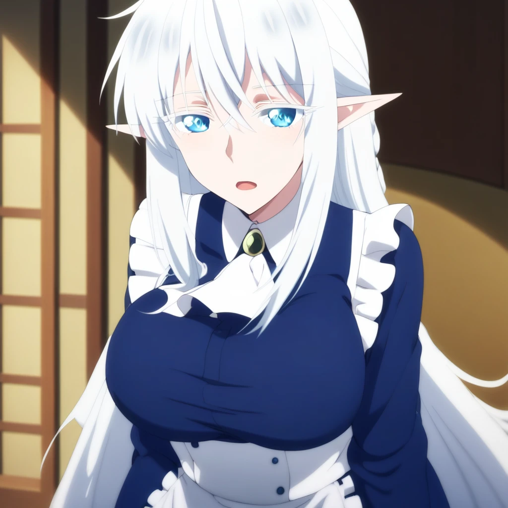 score_9, score_8_up, score_7_up, BREAK source_anime,  schnee raizar, blue eyes, white eyelashes, white hair, long hair, large breasts, pointy ears, long blue dress, white apron, long sleeves,