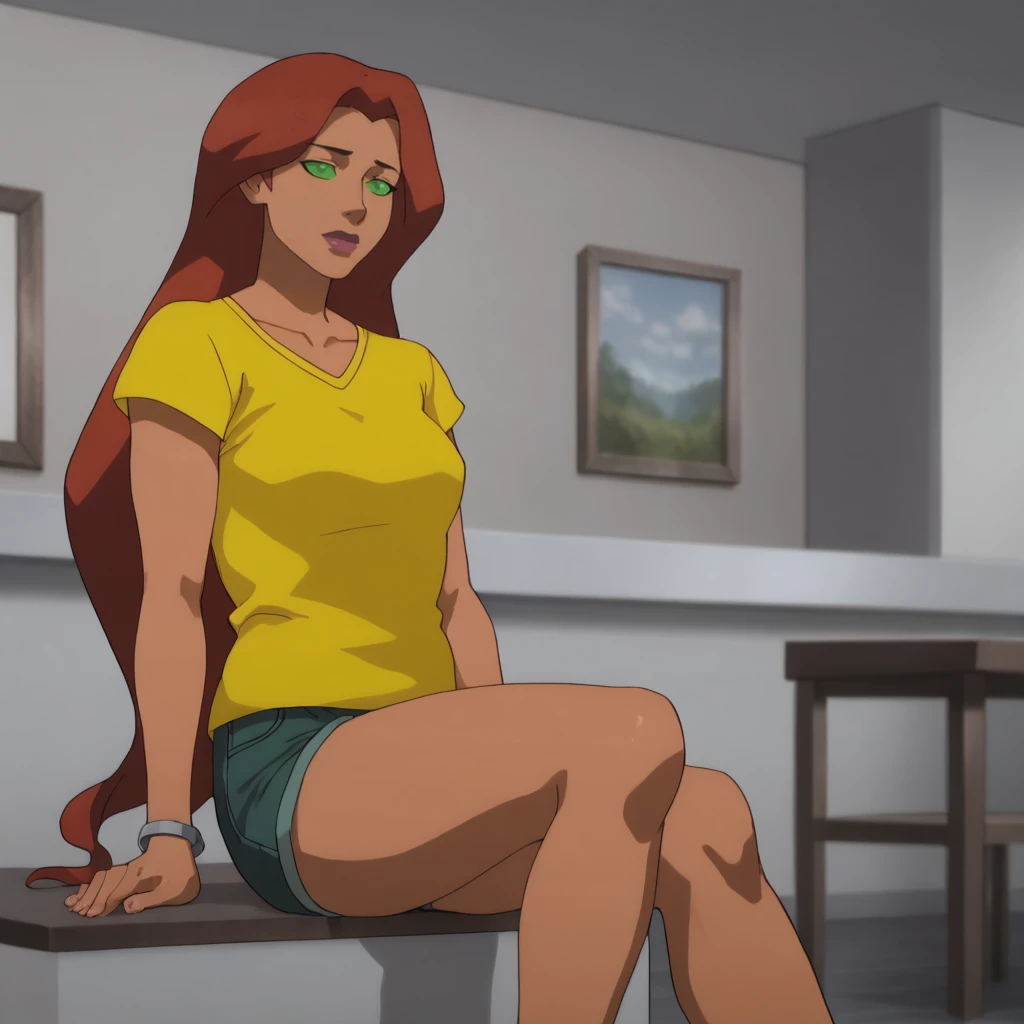 <lora:starfiredcmau_pony_v1:.9>  starfireclothes, 1girl, solo, short shorts, long hair, green eyes, red hair, yellow shirt, dark skin, dark-skinned female,  t-shirt, breasts, green sclera