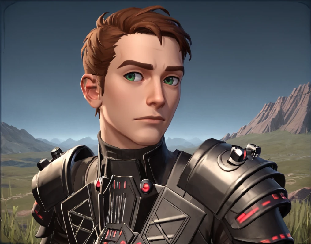 score_9, score_8_up, score_7_up, Iokath-Annhilator, Star Wars, 1boy, solo, male focus, round face, puffy eyes, gloves, brown hair, green eyes, turtleneck, breastplate, realistic, standing, grassland, meadow, valley, in the grass, upper body, armor, <lora:Iokath_Annhilator:1>