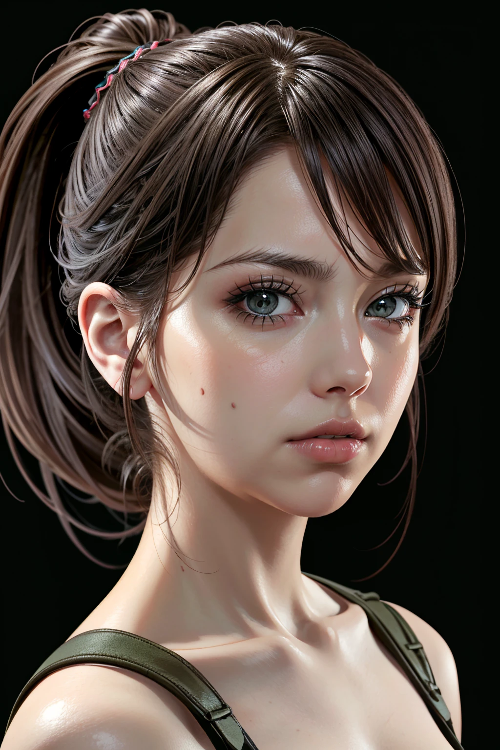 ((ultra detailed, masterpiece, absurdres))
 <lora:MGSQuiet:0.8>
MGSQuiet, 1girl, ponytail, brown hair, looking at viewer, simple background, portrait