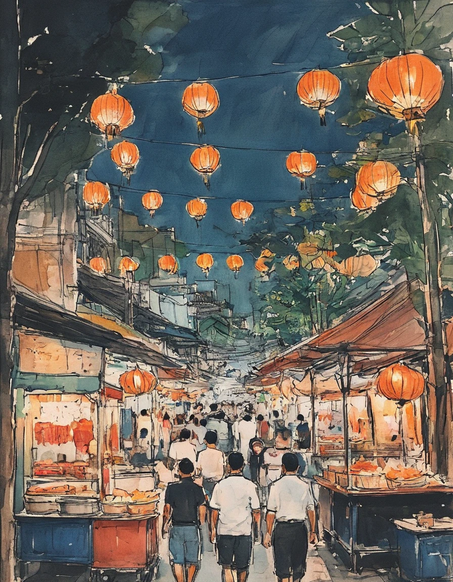 A bustling night market in Bangkok with lanterns illuminating the array of street food vendors