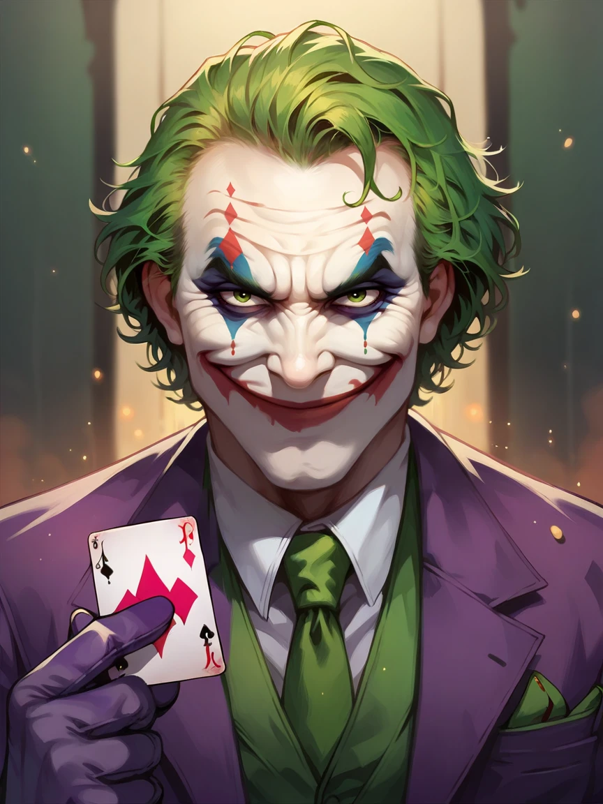 score_9, score_8_up, score_7_up, score_6_up, score_5_up,  <lora:thejokerXLP:0.8> the joker, 1boy, solo, green hair, suit, smile, formal, necktie, gloves, green eyes, clown, card,