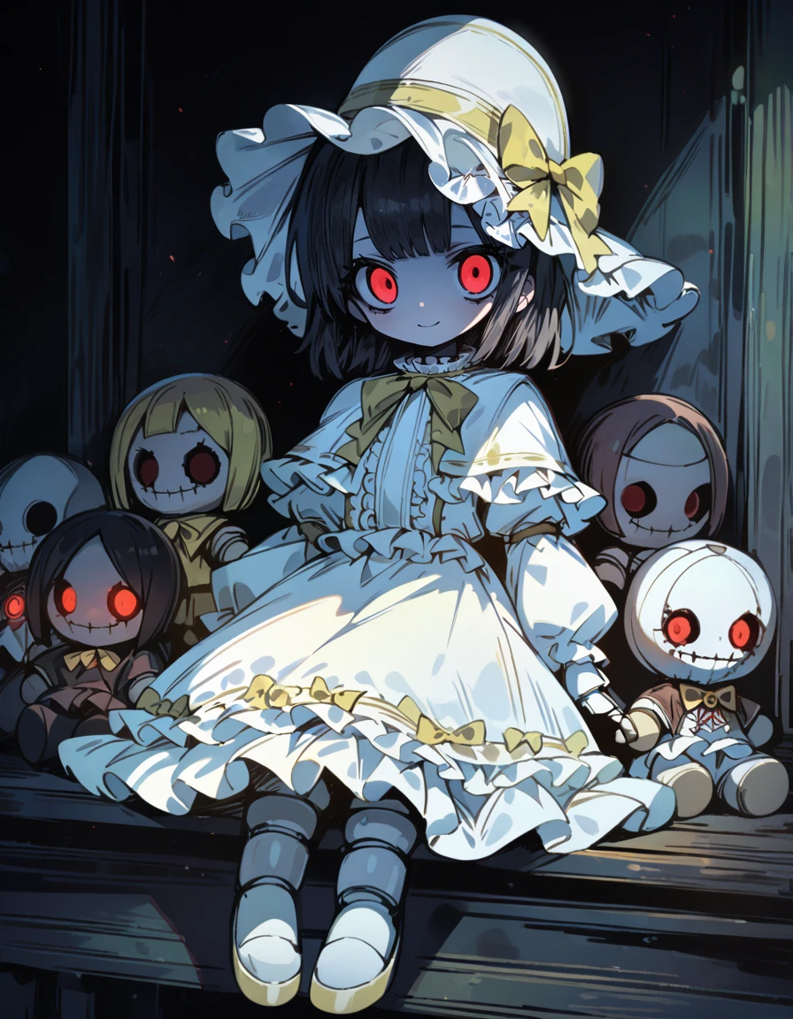 (masterpiece), best quality, (4K), (cinematic lighting), highly detailed, 8K, UHD, ultra detailed, immersive picture, vivid colors, volumetric light, cinematic light, extremely detailed CG, (full body shot), thick lines, ketopon
1girl, solo, doll, unsettling, (((horror))), frilly yellow victorian dress, doll joints, eerie smile, long black hair, hair bow, capelet, Victorian hat, (glowing red eyes), seated on shelf, staring at viewer intensely,  <lora:EridollP:1>